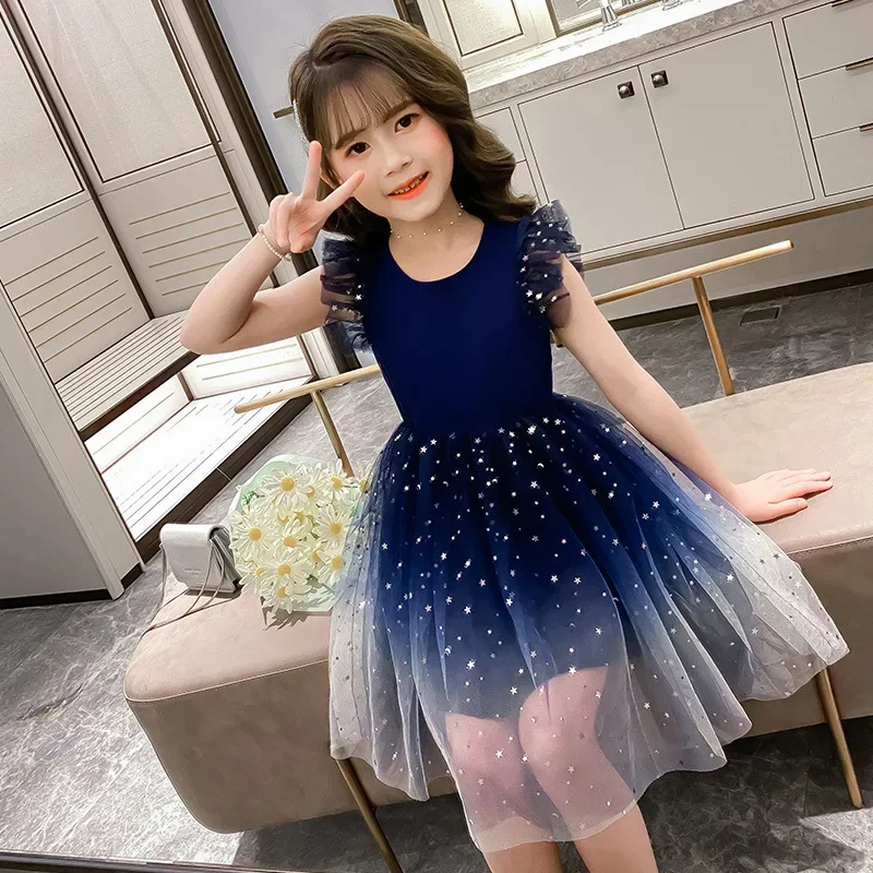 Girls Dress Summer Princess Party Mesh Patchwork Sleeveless Dresses for Teen Girl 4 6 8 10 11 12 Years Kids Starry Sky Clothes