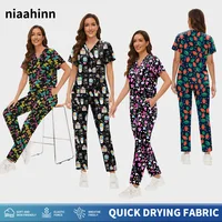 Uniformes quirúrgicos para mujer, conjunto médico estampado, ropa de trabajo para salón de belleza, bata clínica para mascotas, Top + pantalón, traje tipo túnica de enfermería para médico