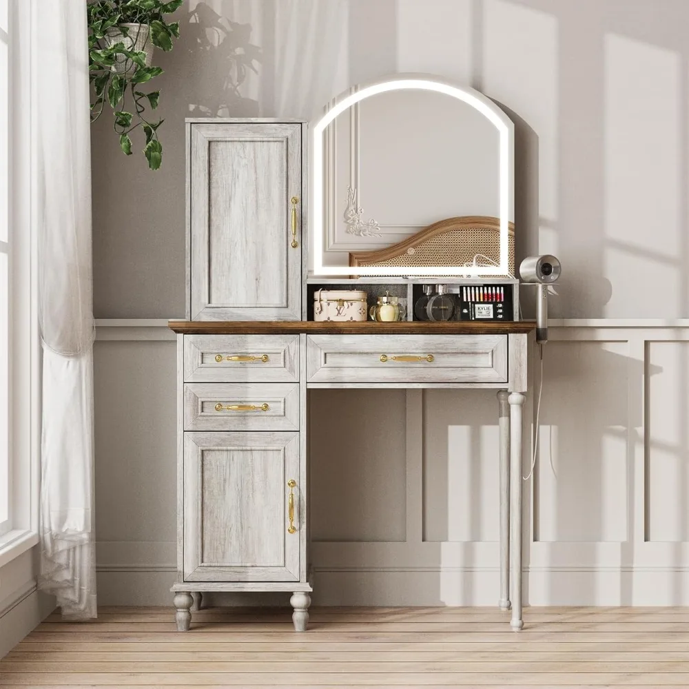 Desk with Mirror, Vintage Brown Makeup Vanity Table with Jewelry Storage and Charging Station for Bedroom