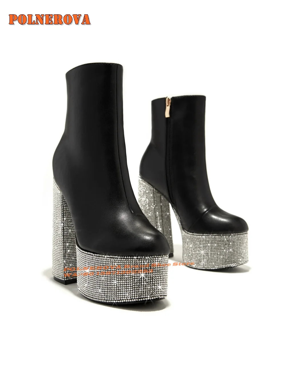 Rhinestone Patchwork Platform Women Shining Boots Round Toe Block Heel Side Zip Spicy Girl Party Ankle Booties 2024 Autumn Trend