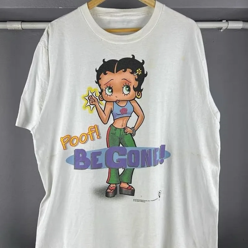 Miniso BettyBoop صيف 2025 الجمال العصرية خمر الكرتون المطبوعة قمصان قصيرة الأكمام القطن طاقم الرقبة تي شيرت