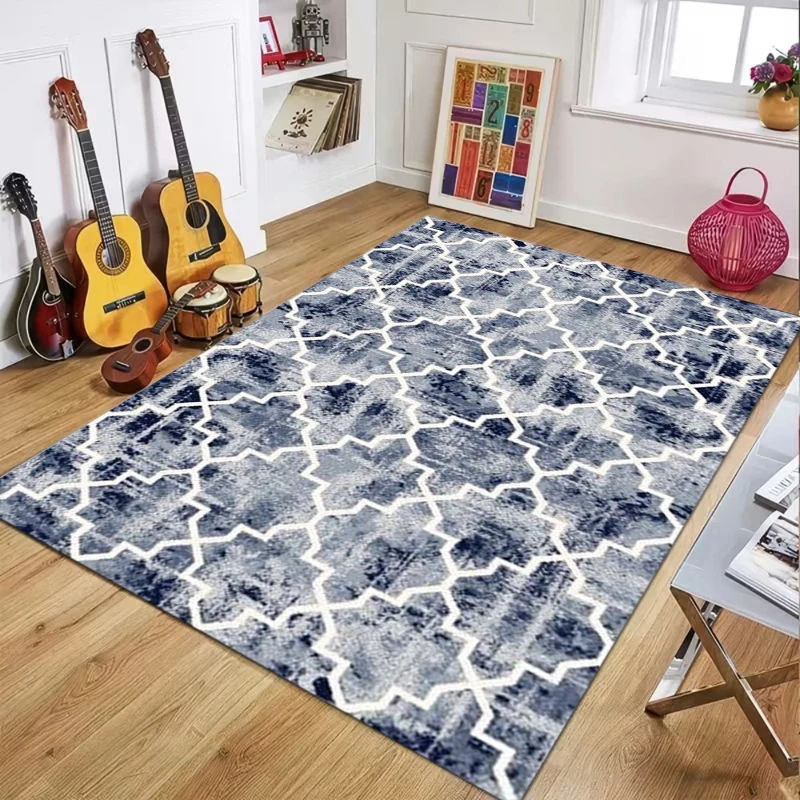 Moroccan Geometric Pattern Area Rug Blue Vintage Print Carpet Floor Mat Home Living Room Bedroom Ethnic Style Home Decoration