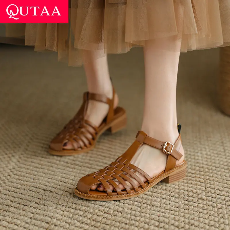 QUTAA 2022 Genuine Leather Ankle Strap Buckle Female Shoes Summer Round Toe Fashion Square Low Heel Women Sandals Size 34-40