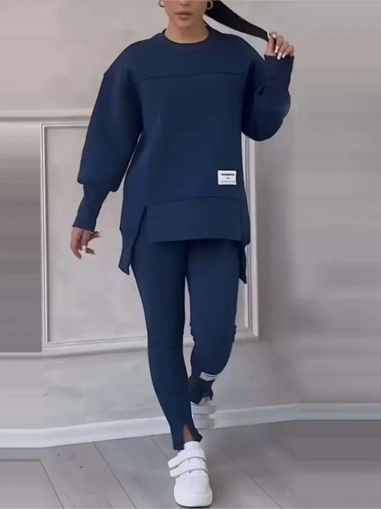 

Casual Solid Color Sporty Style Pants Sets Women Irregular Slit Pullover Sweatshirt Slim Trousers Two Piece Set Commuting Suit