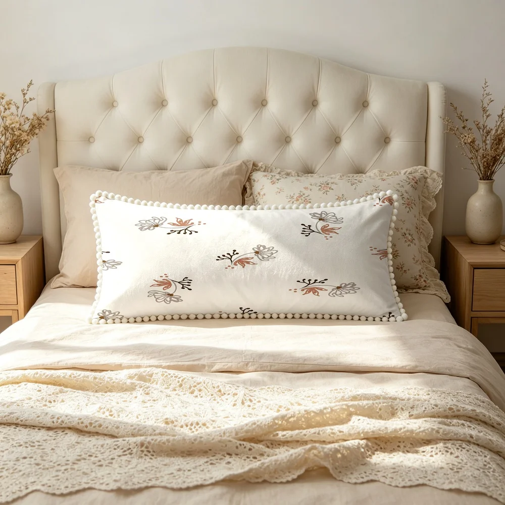 1PC Light Pink Background with Pink Cherry Blossom Branches and Green Leaves, Japanese Romantic Floral Long Pillow Cover with