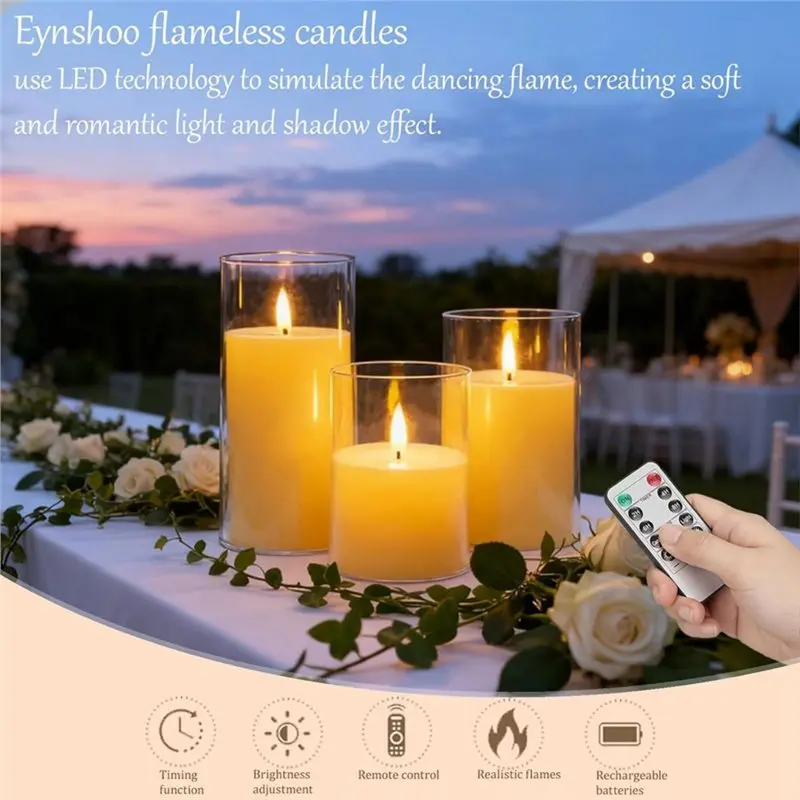B23B Flickering LED Candles 3-Pack Rechargeable Flameless With Remote Control& Timer For Living Room,Fireplaces, TV Stand
