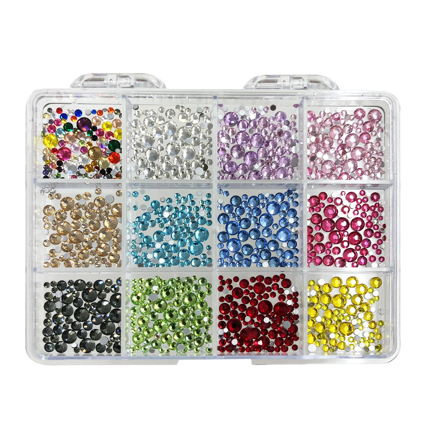 12 Siatek/Pudełko Super Błyszczące Okrągłe Diamenty Ozdoby do Paznokci Przezroczyste Białe Kolorowe Płaskie/Spiczaste Kamienie Szlachetne Cyrkonie Akcesoria do Manicure