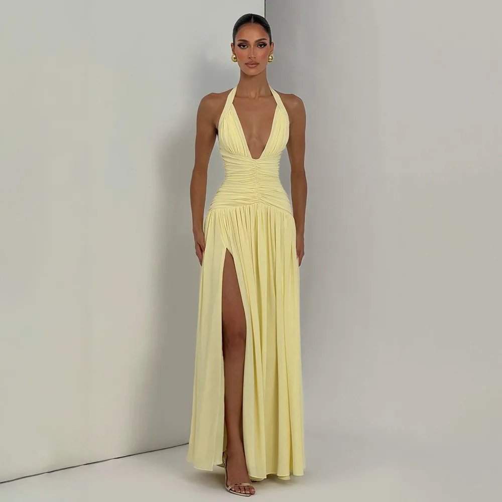 

Spring Women's Clothing Slim Fit Deep V Neck Long Evening Dress For Knit Polyester High Waist Maxi Gown