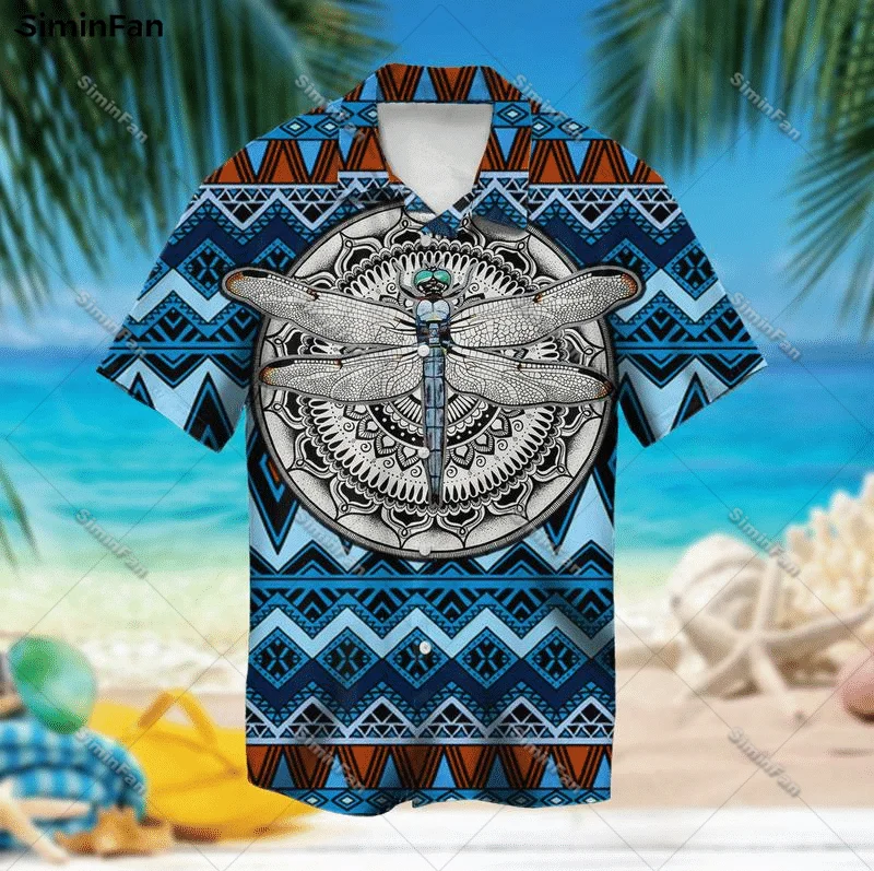 Tribal Wolf Dragonfly Hawaiian Aloha Shirts 3D All Over Printed Male Cuban Beach Tshirt Men Summer Lapel Tee Unisex Female Top-2