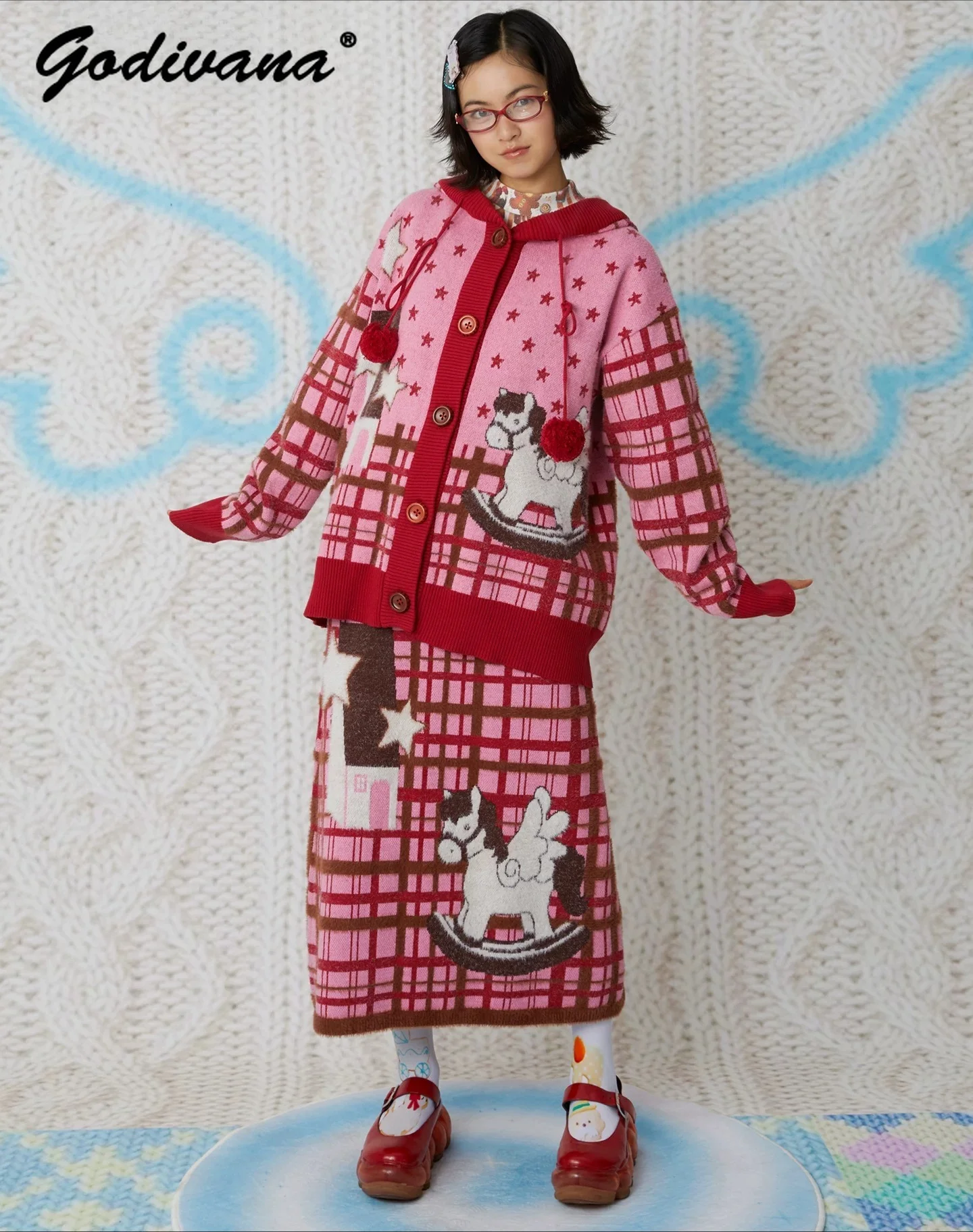 Autumn/winter Cute Pony Jacquard Hooded Cardigan Loose Knit Sweater Jacket Long Knitted Skirt New Year Christmas Outfits
