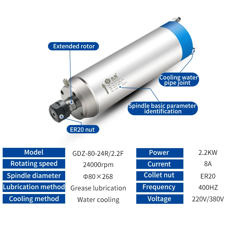 Stone Electric Spindle Motor 2.2KW er20 D=80mm 400HZ Suitable For CNC Engraving Machine Stone Engraving Processing