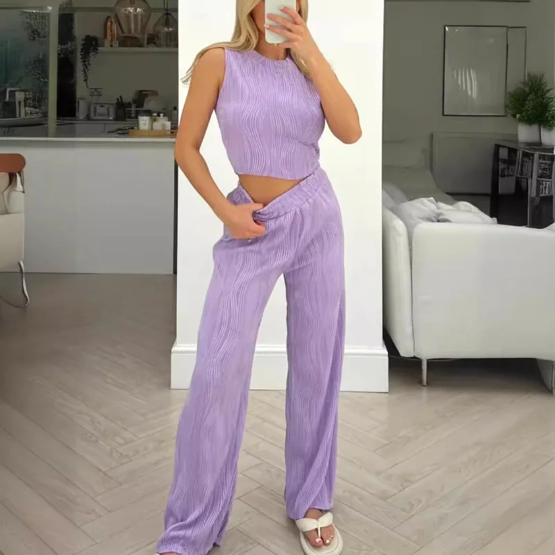 Casual Solid Water Wave Round Neck Loose Tank Top + Straight Leg Trouser Set for Women 2024 Summer Female Fashion Pants Outfits