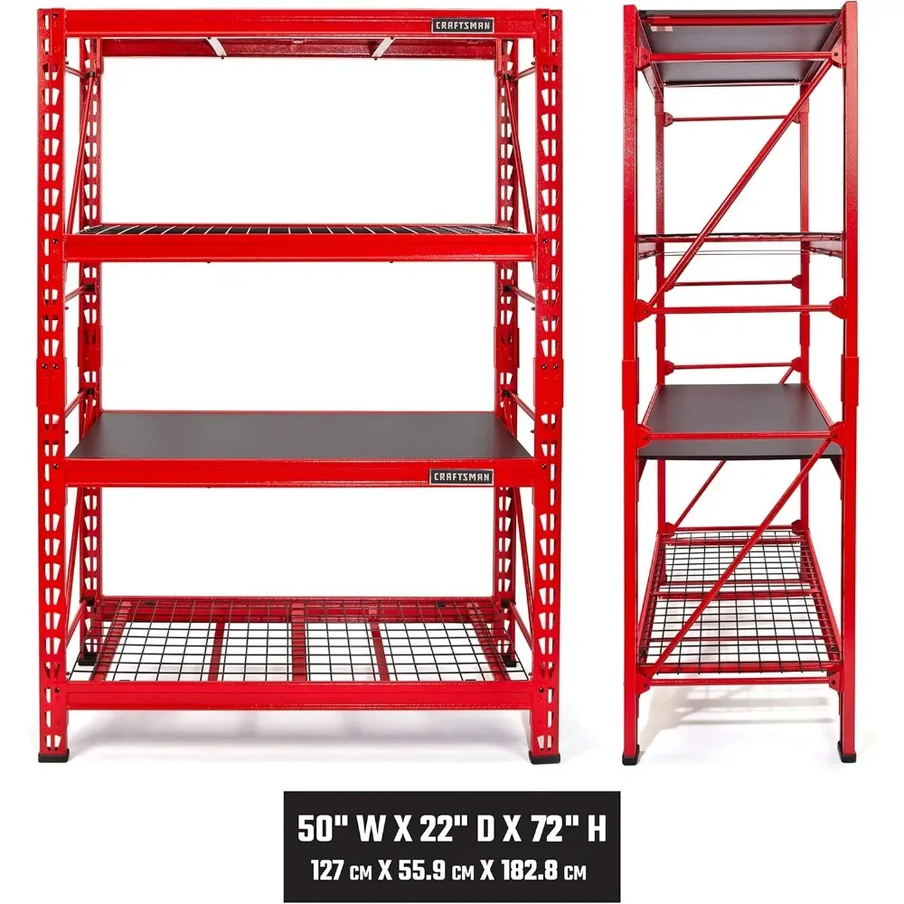 Metal Shelves, 2-Shelf 3-Foot Tall Stackable Tool Chest Depth Storage Rack, 2-Pack, Red, Garage Shelves