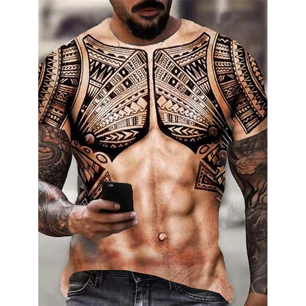 Casual Men's 3D Muscle Tattoo Print T-Shirt Short Sleeve Summer Digital Printing Tops Tee T Shirt Man Clothing