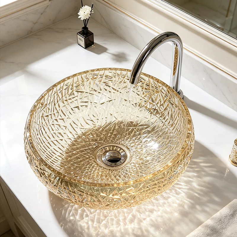 Golden Glass Countertop Basin, with a Simple and Elegant Round Shape, the Light Passes through the Basin Body, Reflecting Dynamic Light and Shadow, Creating a Rich Atmosphere. the Three-Dimensional Ice-Crack Design Adds More Layers of Light and Shadow, Making It an Ideal Choice for Modern Bathroom Fixtures, Suitable for Dressing Rooms, Vanity Tables, and Home Bathroom Sinks, and Can Be Matched with Various Decor Styles (Accessories Not Included)