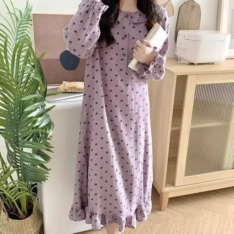 Heart Print Women Nightgown Korean Sleepwear Ruffles Nightwear One Piece Pajamas Autumn Night Dress Long Sleeve Home Wear New In