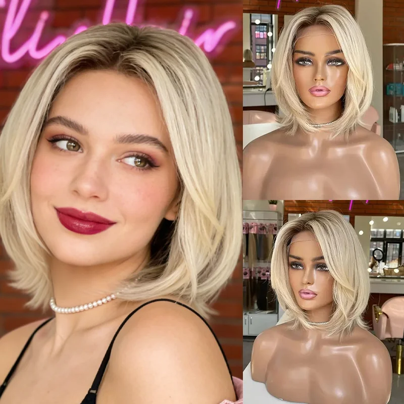 Short Blonde Columbina cosplay Glueless Lace Wig Wear and Go Synthetic Lace Front Wigs for Women Brown Highlights Realistic Look