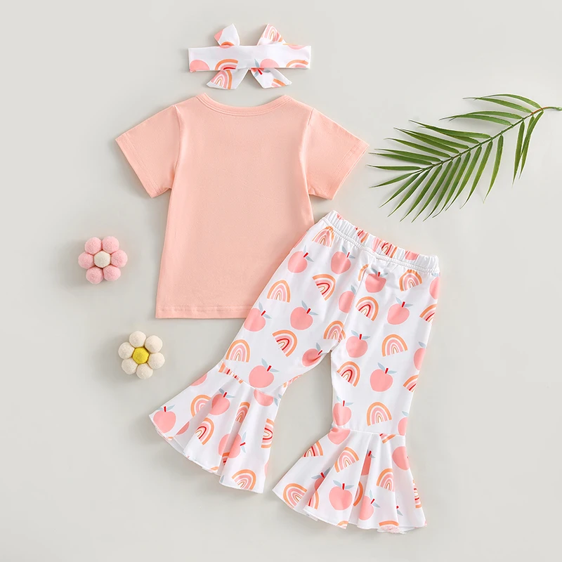 Kid Girls Pants Set Short Sleeve Letters T-shirt with Peach Print Flare Pants and Headband