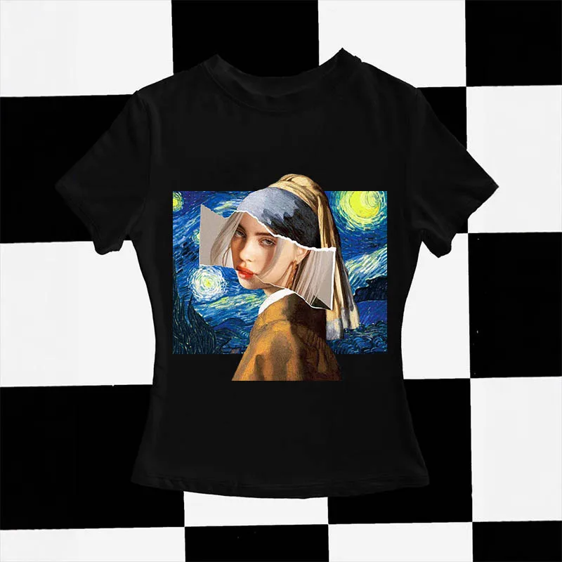 

European and American style 2025 summer pattern art fun Harajuku print creative casual punk Gothic Y2K slim fit top T-shirt