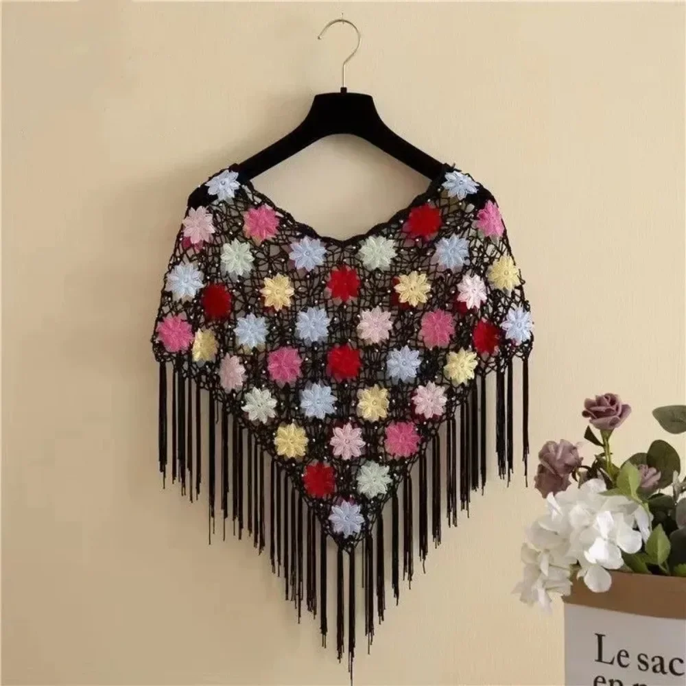 Thin Crochet Knitted Cape Ladies Fashion Ethnic Style Jackets Cloak Woman Clothing Tassels Shawl Poncho Women Summer Wraps Coats