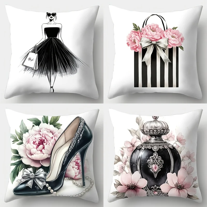 Fundas de almohada elegantes y de moda: rayas blancas y negras, peonías rosas, tacones altos, diseño de botella de perfume de lujo