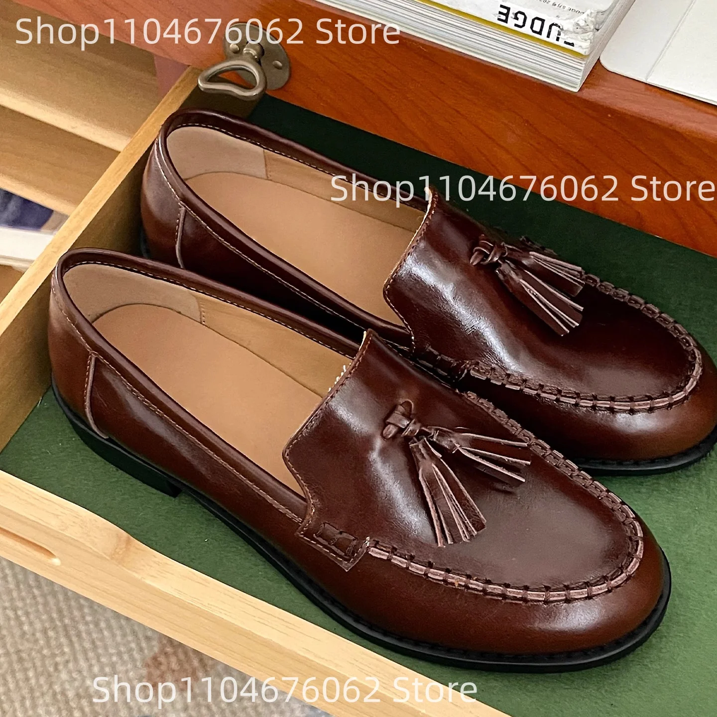 

Women's Brown Leather Tassel Loafers Stitch Detail Slip-On Design Shoes Classic Retro Low Flat Sole School/Work Women Daily Shoe