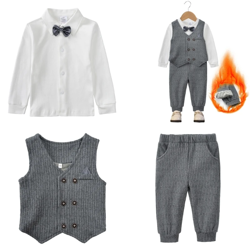 Children School Suit Gentleman Outfit with Fleece Liner Waistcoat Pants for Winter Toddler Gentleman Suit for Photoshoot