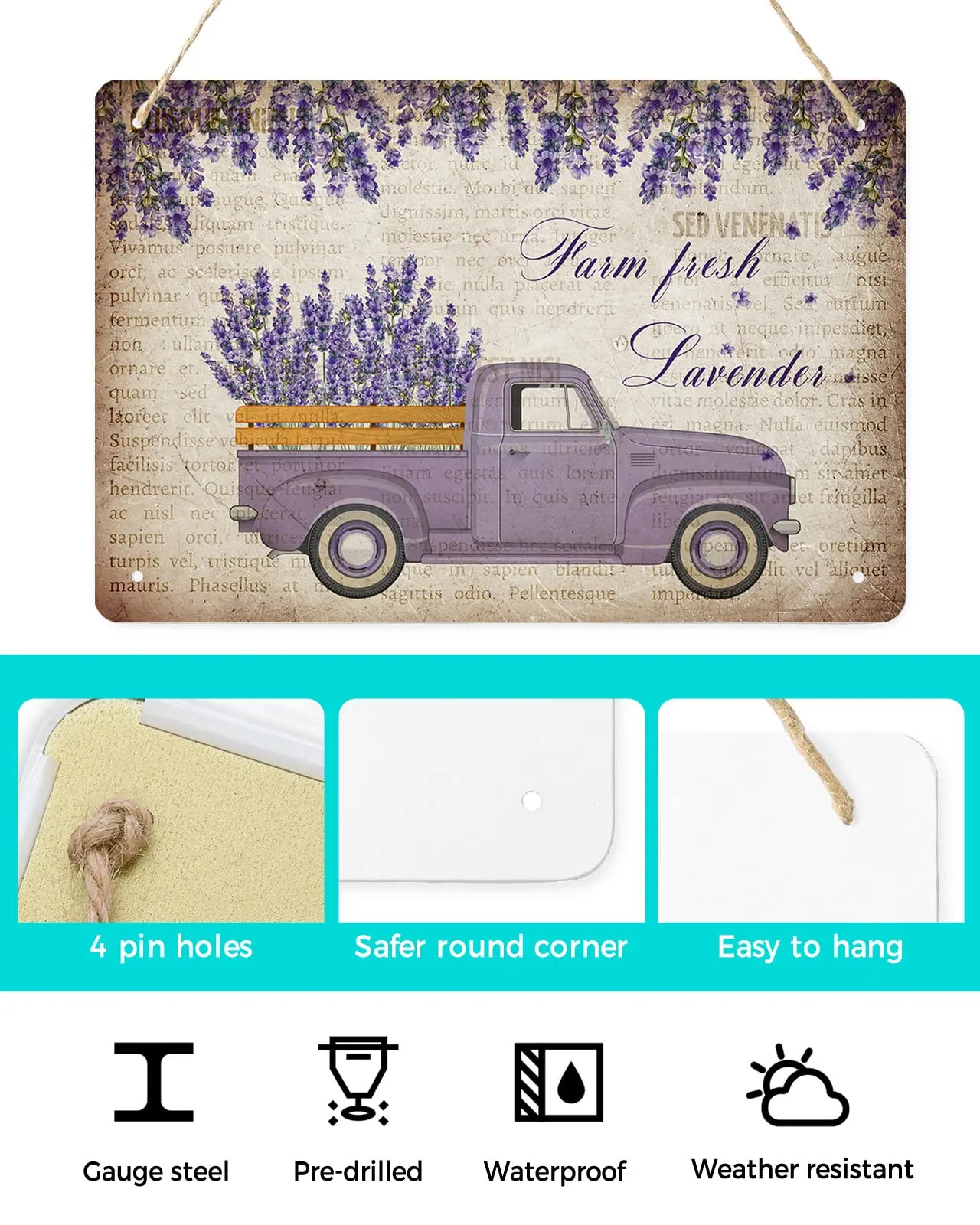 Metal Tin Sign Wall Art Decor Vintage Farmhouse Car with Purple Lavender, Welcome Tin Signs for Home Office Kitchen Coffee Bar R