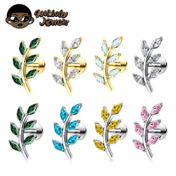 G23 Titanium 16G Marquise CZ Leaves Stud Earring Leaf Shaped Helix Cartilage Conch Flat Back Implant Grade Piercing Jewelry