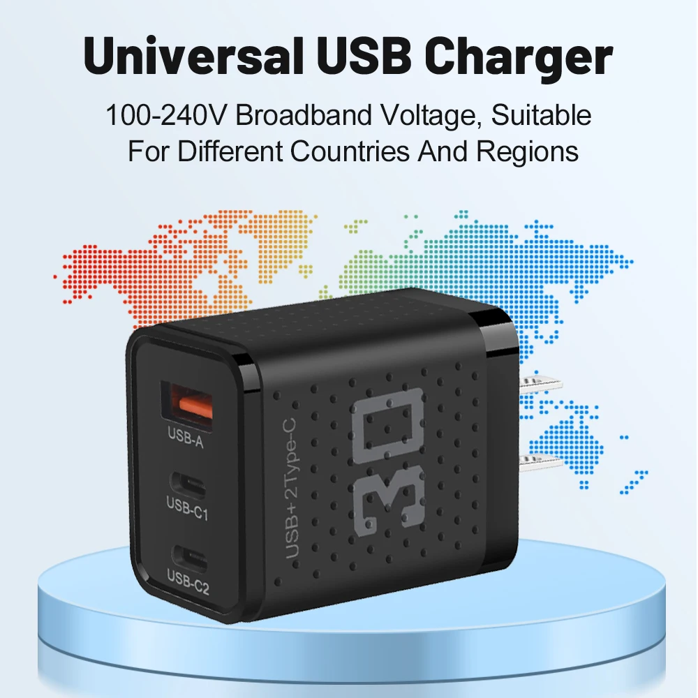 30W USB Fast Charger 3 Ports PD Type C Quick Charge 3.0 Phone Adapter For iPhone 15 14 Pro Xiaomi Samsung Portable Wall Charger