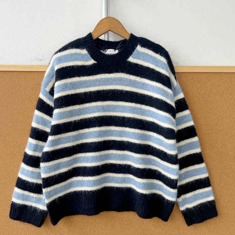 Herbst Winter runder Ne-Pullover, weich, gemütlich, Farbe, Blo-Streifen-Design, lässig, bequem, Pendeln, lang, Sve Damen-Strickwaren