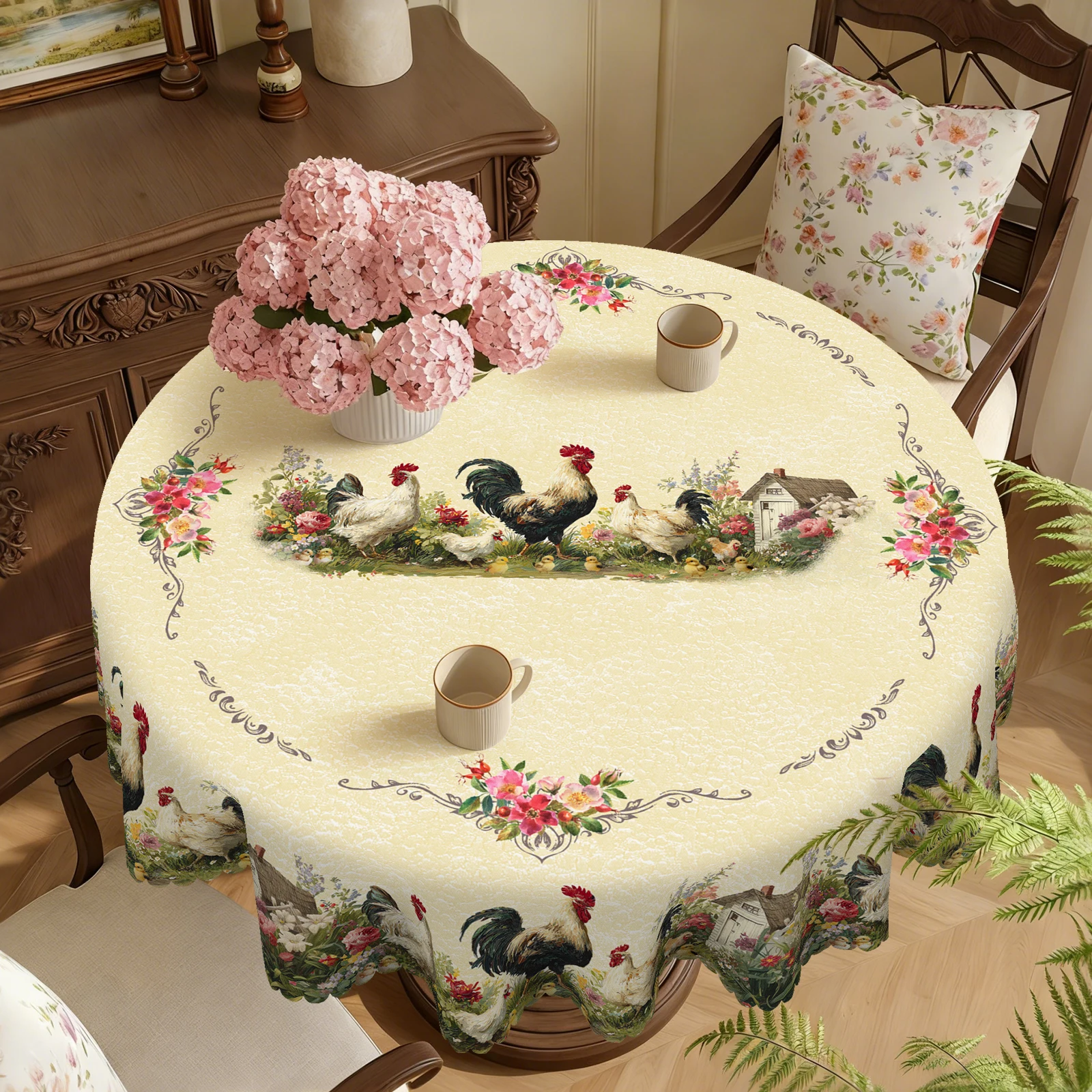Pastoral Country Rooster-Themed Tablecloth, Vintage Farm Style, Lifelike Roosters, Brightly Colored Roses and Other Floral Prints, Multiple Size Options, Embossed Edges, Waterproof, Wrinkle-Resistant, Fade-Resistant, Round and Rectangular Options Available, Suitable for Indoor and Outdoor Dining Tables in Spring, Summer, Autumn, and Winter, Ideal for Home, Kitchen, Restaurant, Patio, Courtyard Use, Buffet Outdoor Parties and Camping, Perfect Gift Chicken2