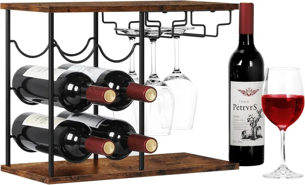 

Countertop Wine Rack Holds 6 Bottles and 4 Glasses, Freestanding for Home Kitchen Bar