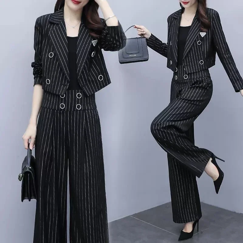 Small Blazers Suit Women's Spring New Casual Professional Short Blazer Jacket and Wide Leg Pants Two Piece Set Office Ladies Set