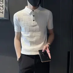 2023 Korean Version Fashion Trend Versatile Men's Clothing Business Casual Commuting Solid Color Short Sleeve Button Polo Shirt