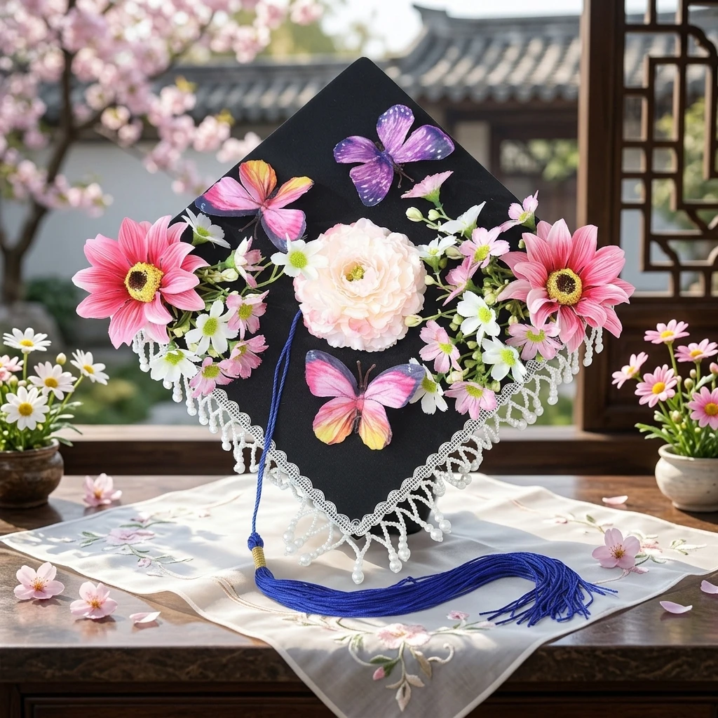 Floral Hair Ornament Stable Graduation Cap for University Commencement New Chinese Style Silk Flower Hanfu Photography