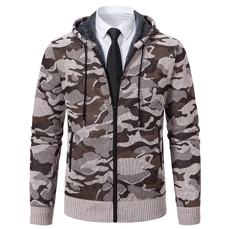 New Autumn and Winter Men's Warm Cotton-padded Clothes Cardigan Jacket Hooded Sweater Knitted Sweater Camouflage Jacket