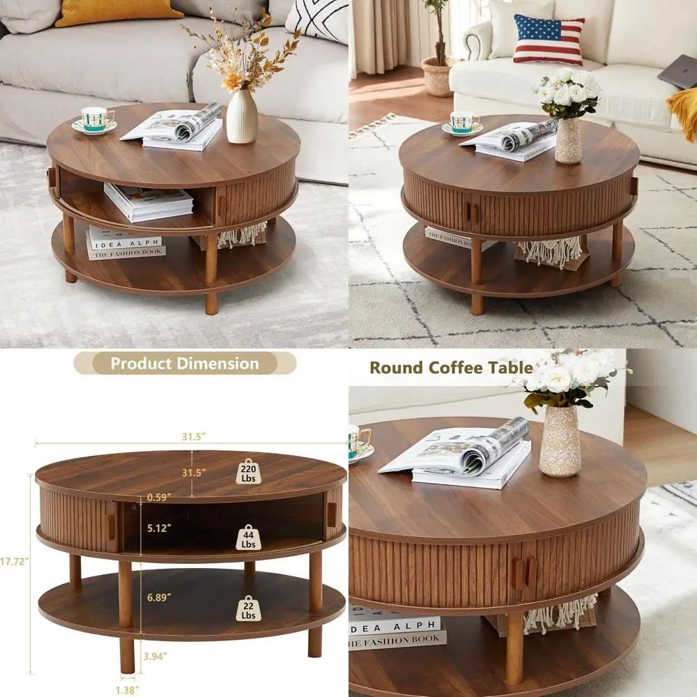 

Круглый деревянный журнальный столик с раздвижной дверью и рифленым акцентом в центре