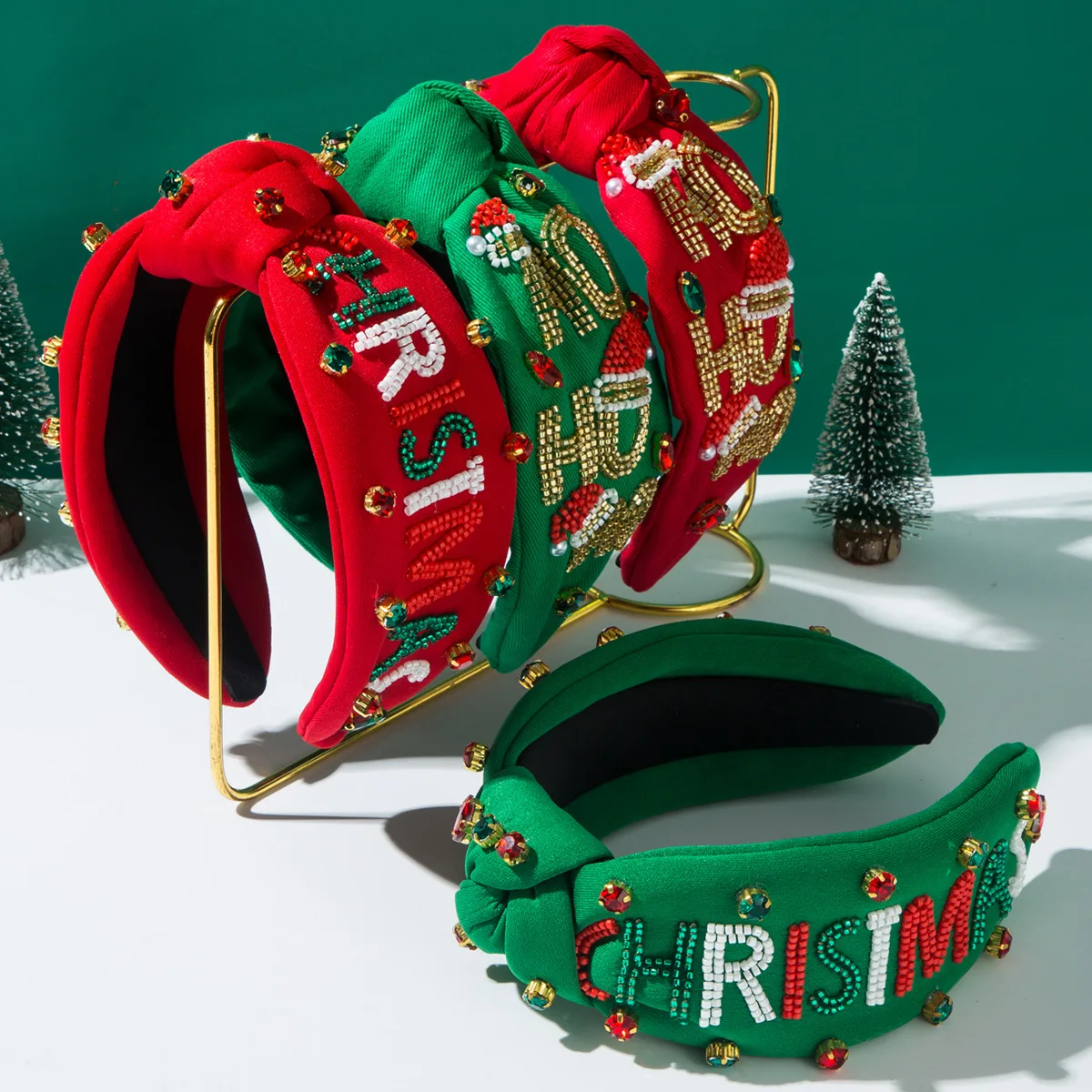 

New hot-selling Christmas headband handmade beaded rice beads letter merryChristmasHOHO pattern hair accessories