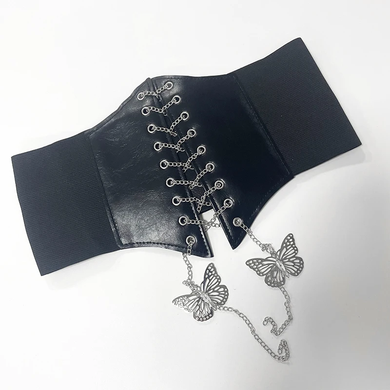 Butterfly Chain Corset Wide Belts Faux Leather Slimming Body Shaping Girdle Belt Women Elastic Tight High Waist for Daily Wear