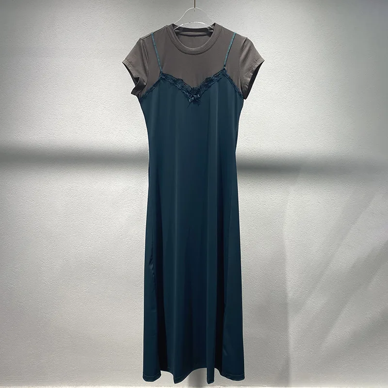 

2025 summer new lace patchwork receiving waist T-shirt skirt fake two casual short-sleeved dresses