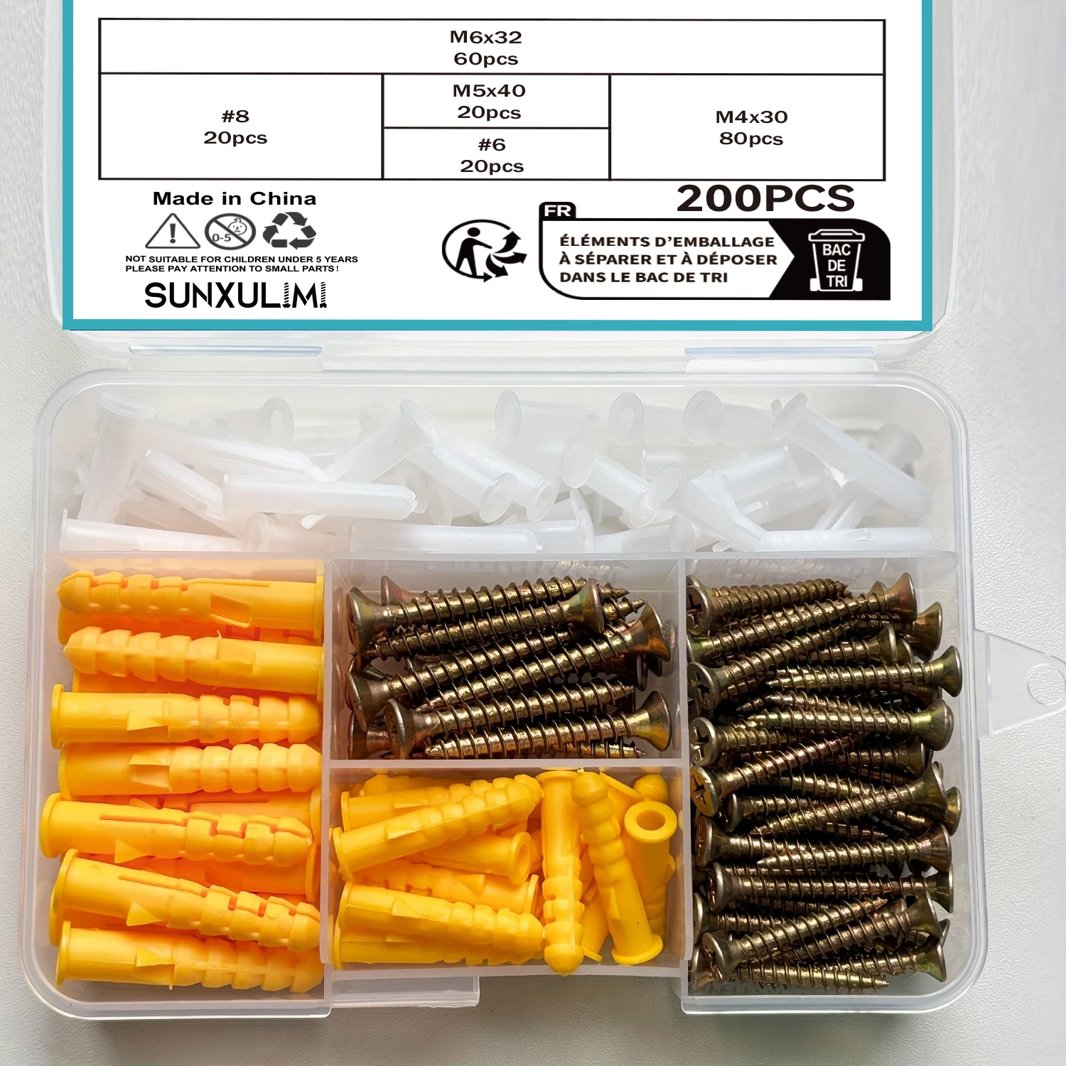 

200 шт. цветных винтов из цинкового волокна с расширительными трубками, включая два комбинации: M5X40 и M4X30.