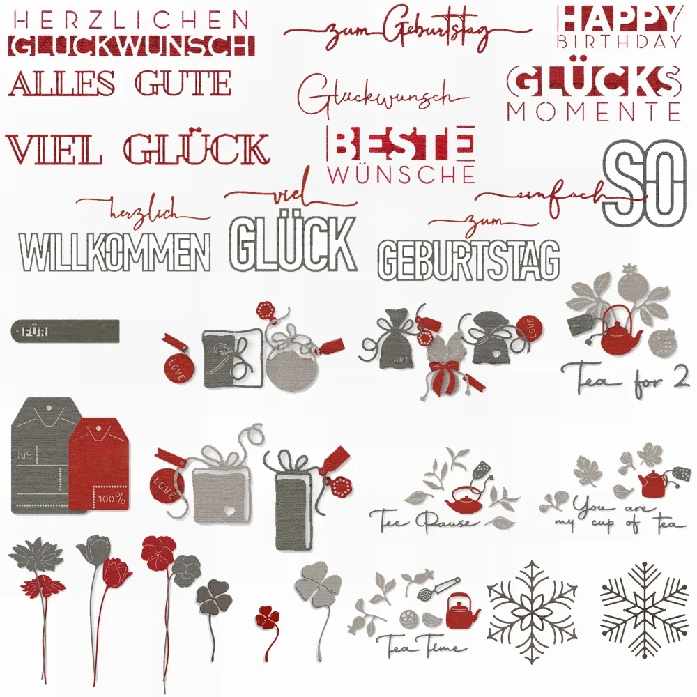 Englisch-Deutsche Buchstaben-Wörter HAPPY BIRTHDAY WILLKOMMEN Metall-Stanzformen Teekanne mit Blumen Schneeflocke Geschenkbox Stanzformen DIY Bastelzubehör