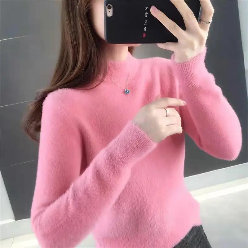 2023 autunno inverno donna stile coreano spesso caldo morbido maglione lavorato a maglia di base femminile solido manica lunga Pullover allentato