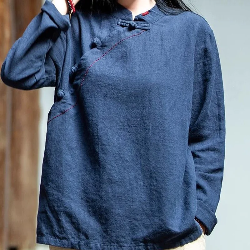 Women's Linen Top Chinese Style Mandarin Collar Frog Buttons - Detail 1