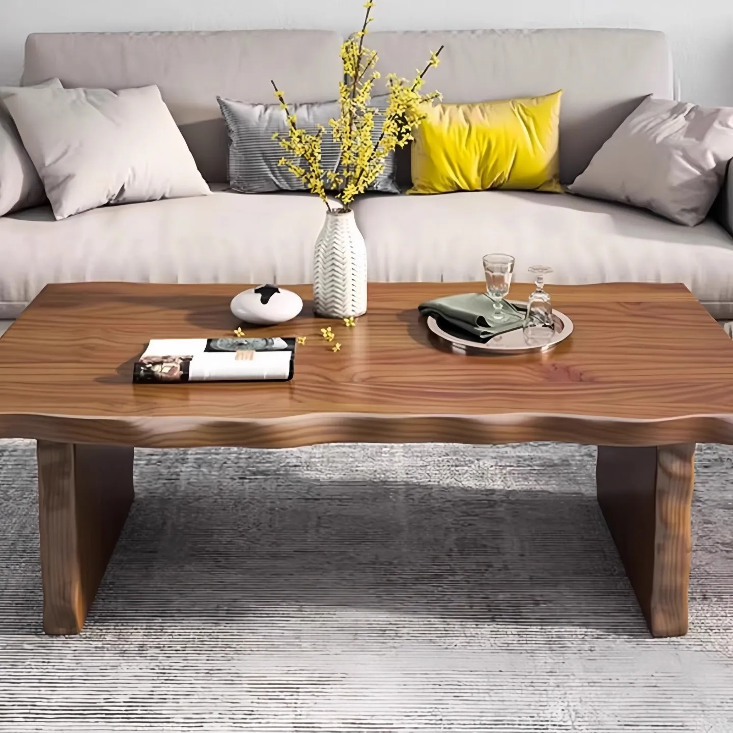 ！@Modern Luxury Solid Pine Wood Coffee Table with Simple Design and Natural Edge for Living Room Home Furniture