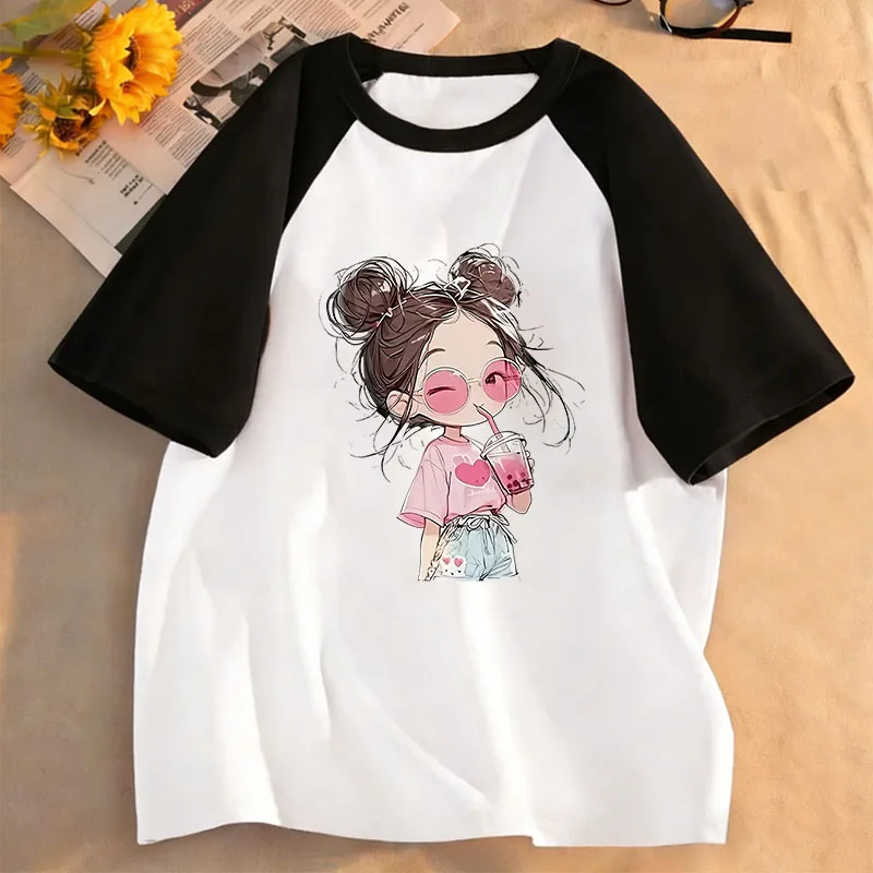 Y2k Hip Hop Retro Girl Drink Juice T Shirts Kids Children's T-shirt Girls Summer Spring Casual Top Tee Shirt