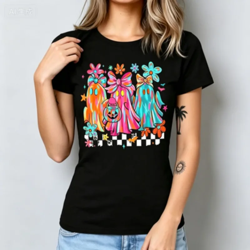 Women Modal Crew Neck T‑Shirt Cute Tie‑Dye Ghost Bow Flower Print Short Sleeve Halloween Holiday Casual Ladies Standard Fit