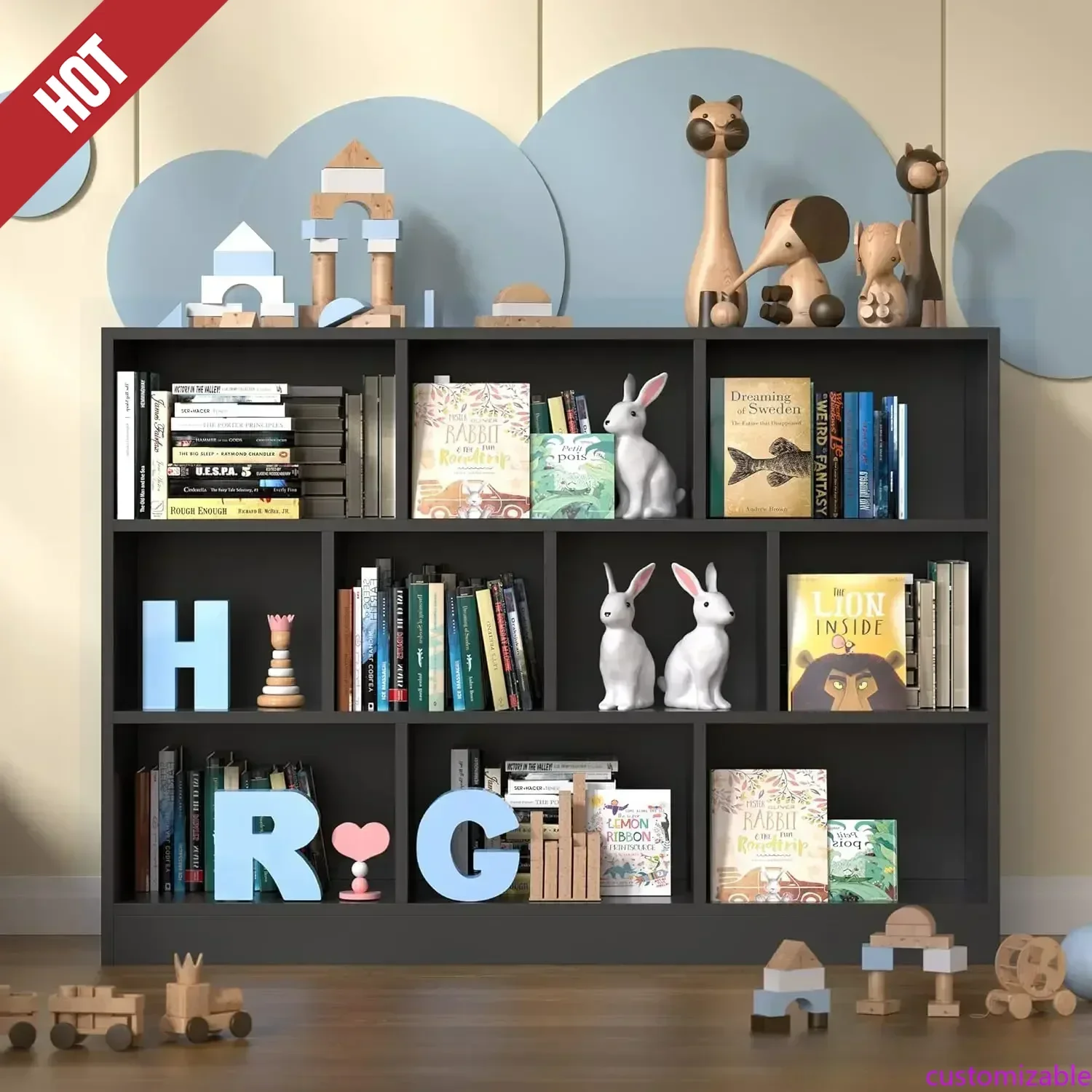 Customizable-Black Bookshelf, 3-Tier Open Shelf Bookcase, 10 Cube Storage Organizer With Anti-Tilt Device For Bedroom, Living Ro