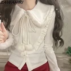 Shirt for Women Japanese Sweet Soft Furry Patchwork Solid Color Cute Log Sleeve Button-up Fall Winter Lace-up All Match Blouse